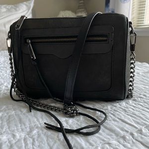 Rebecca Minkoff Suede Darren Crossbody Bag. Black suede with gunmetal hardware.